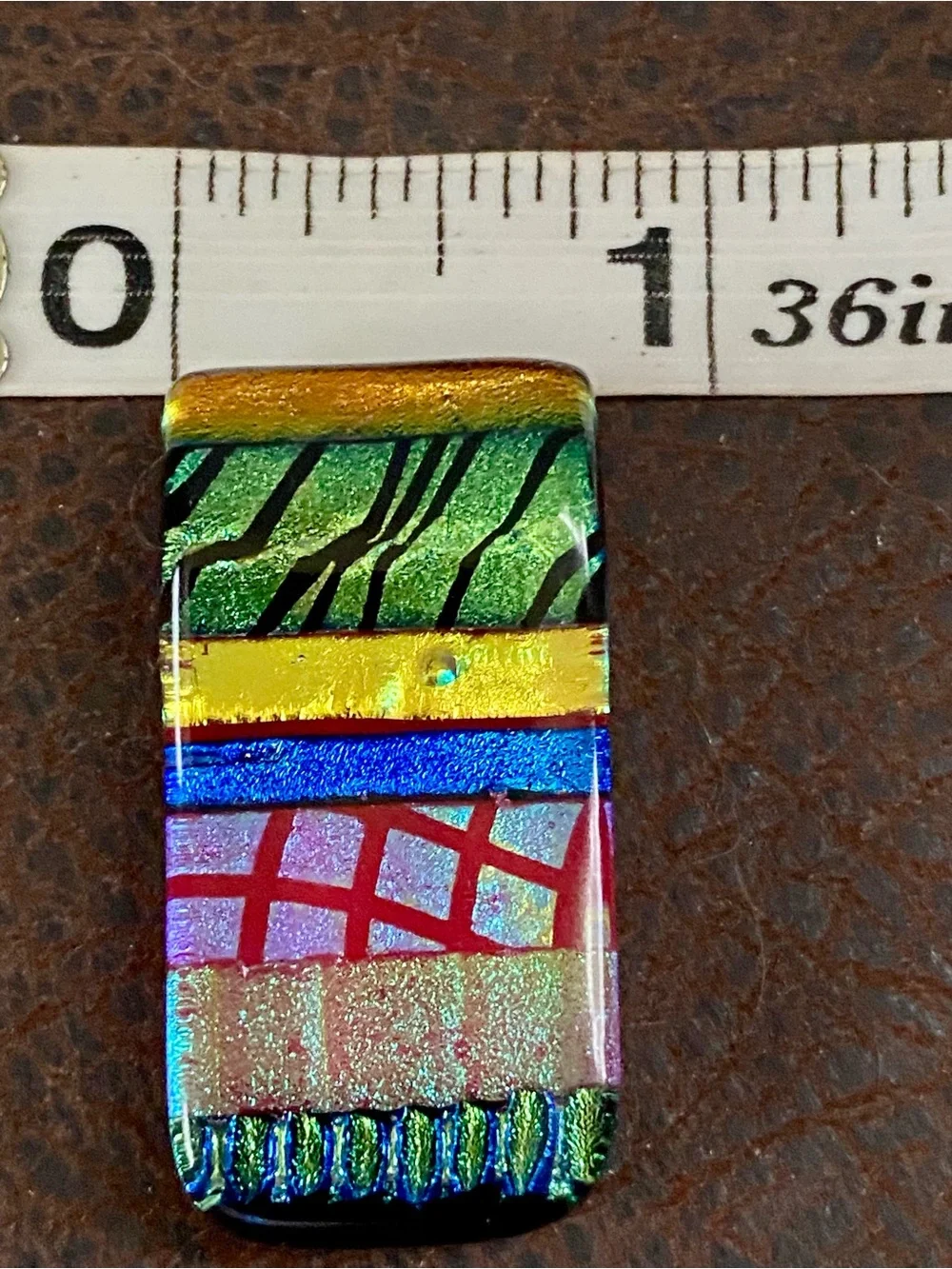 Handmade Dichroic Fused Patchwork Glass Pendant signed by artist L. Barnes